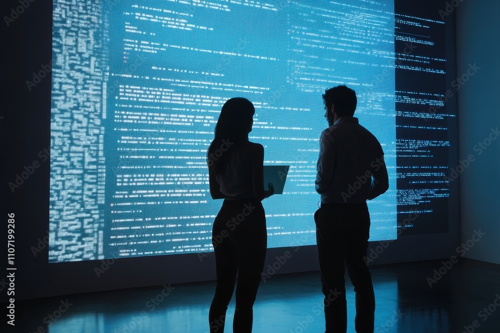 Poster professionals analyze data visualization in a modern workspace during a collaborative session