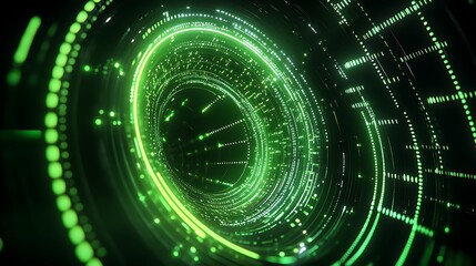 Abstract Green Light Tunnel with Glowing Particles and Futuristic Circular Patterns in Digital Space