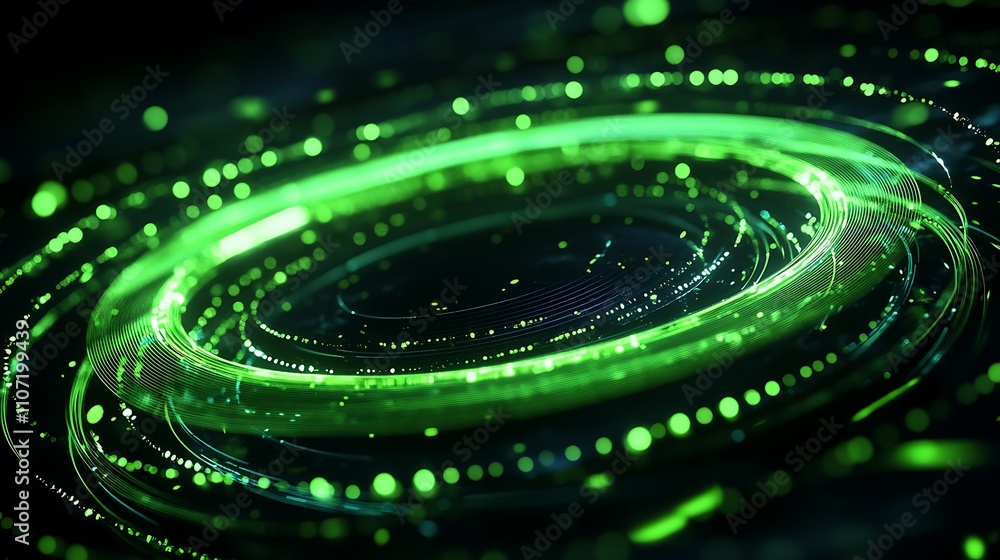 Poster abstract green lights in circular pattern with glowing particles and swirling motion in a dark backg