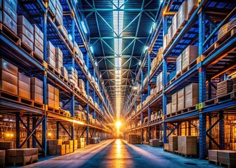 Fototapeta premium Vast Urban Warehouse Interior with Endless Shelves and Stacked Boxes Perfect for Urban Exploration Photography and Industrial Aesthetic Imagery