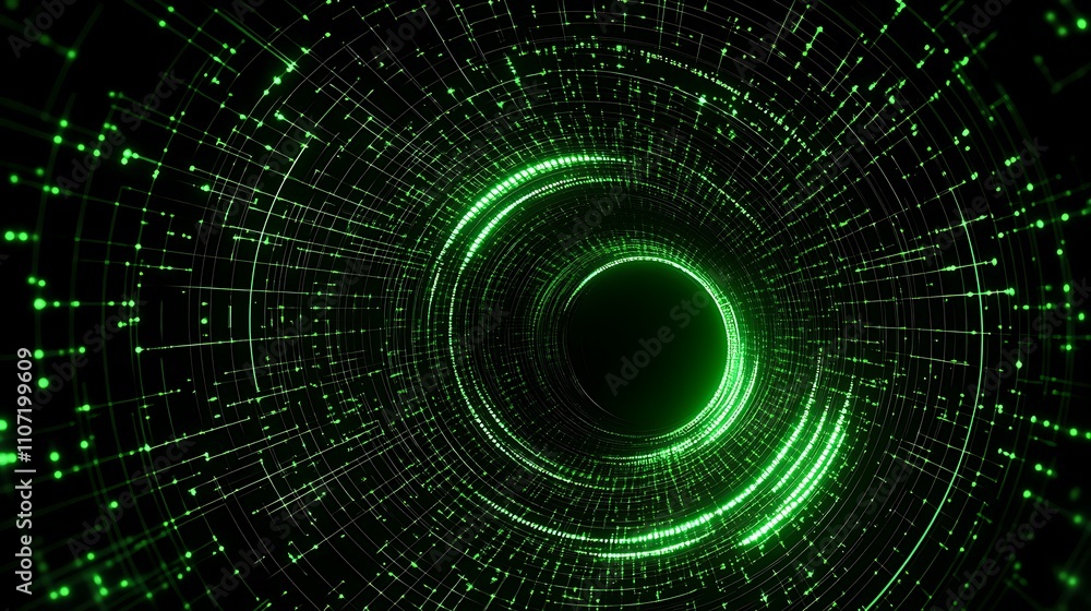 Poster abstract green neon light spiral tunnel with data points and lines in a futuristic digital environme