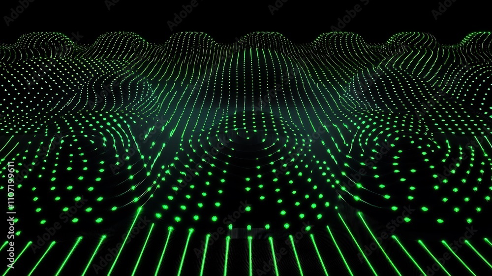 Poster abstract green neon landscape with flowing lines and illuminated dots resembling digital wave patter