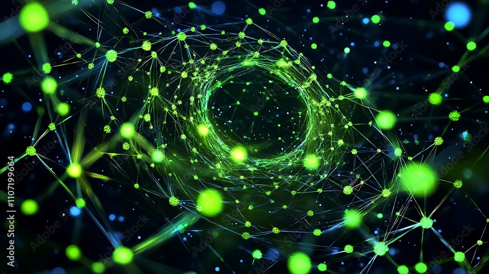 Poster abstract green networks and particles in cosmic space with light effects and flare