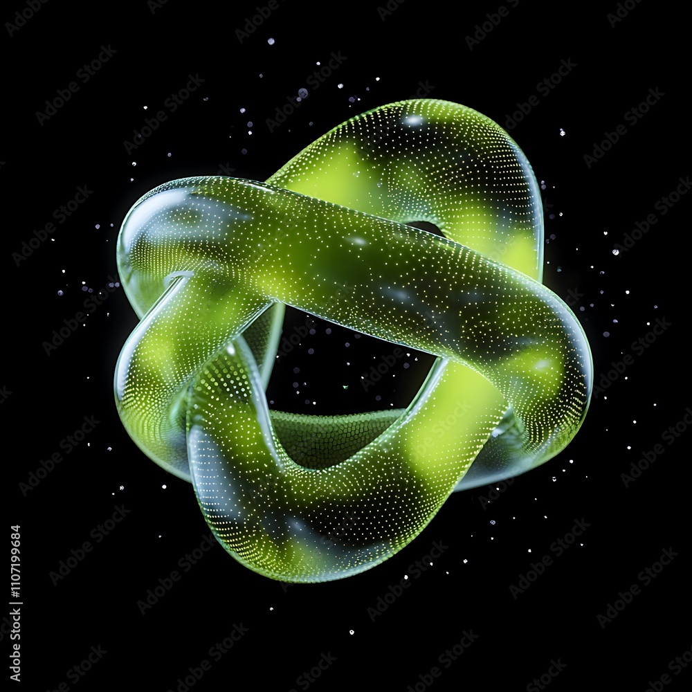 Poster abstract green shape with dots and glow on black background in three-dimensional design style