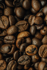 many coffee beans, selected focus, coffee close-up