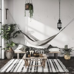 A cozy living room with a hammock. wooden furniture. and plants
