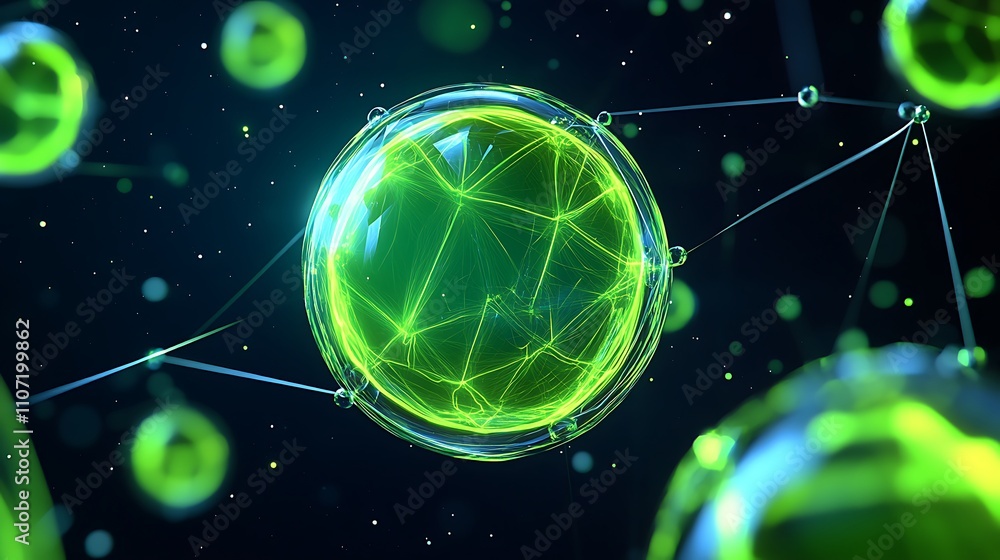 Poster abstract green sphere with light connections in a cosmic space background for science and technology