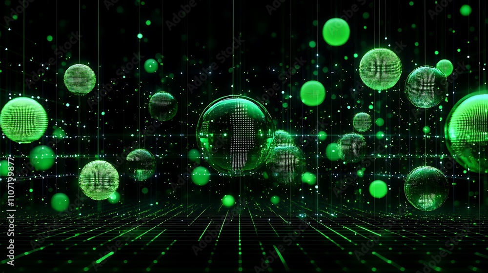 Poster abstract green spheres floating in a digital space with glowing particles and grid-like floor backgr