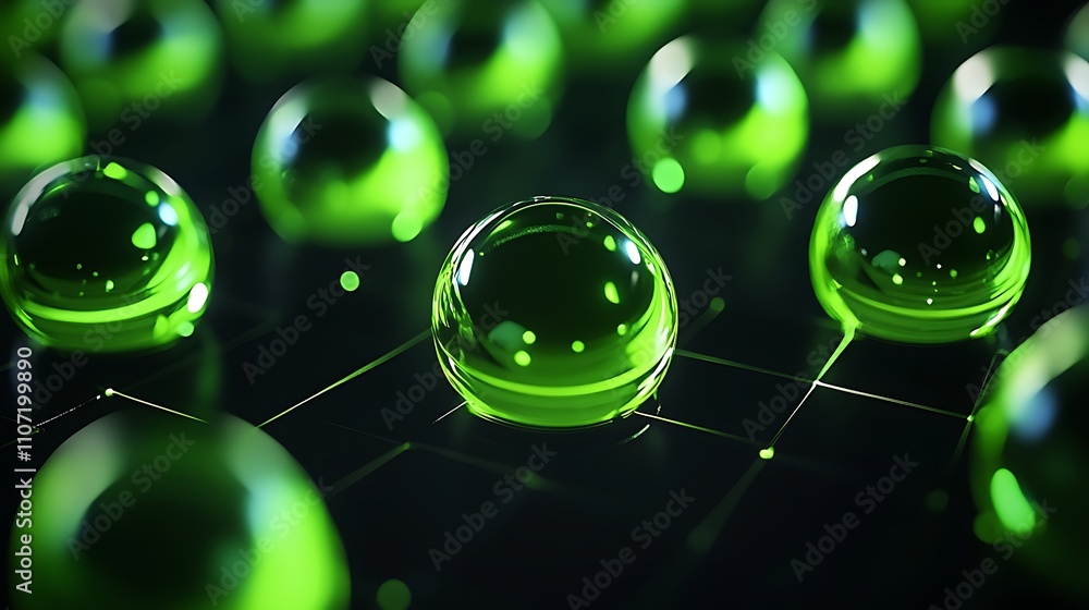 Poster abstract green spheres on dark background with reflections and soft lighting in a modern artistic co