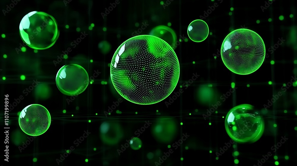 Poster abstract green spheres with dots and glowing particles in a dark background for digital art and scie