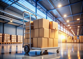 Cargo Trolley with Cardboard Boxes: A 3D Rendered Illustration of Delivery Solutions and Logistics Management Featuring an Open Box  in a Rule of Thirds Composition