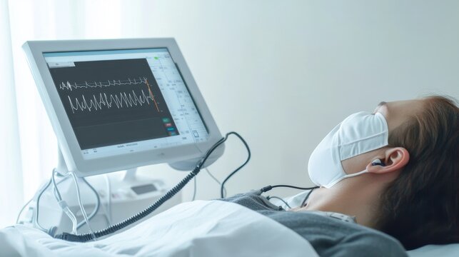 A sleep specialist conducting a polysomnography test on a patient in a sleep disorder center, with sleep monitoring devices and sleep study equipment visible, Diagnostic style