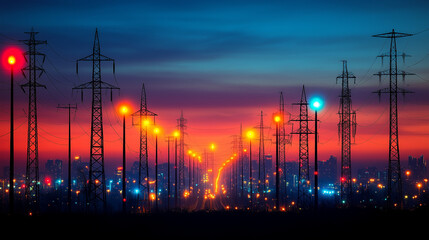 Vibrant Nightscape: Electric Power Lines at Sunset 