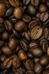 many coffee beans, selected focus, coffee close-up
