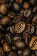 many coffee beans, selected focus, coffee close-up