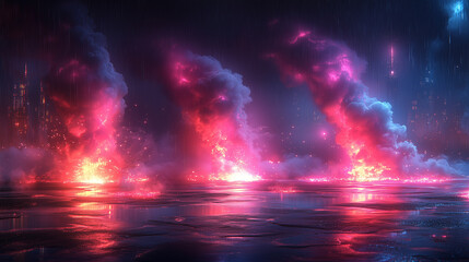 Neon Cityscape: A mesmerizing fusion of glowing, ethereal clouds and a futuristic cityscape, bathed in vibrant neon hues. The abstract.