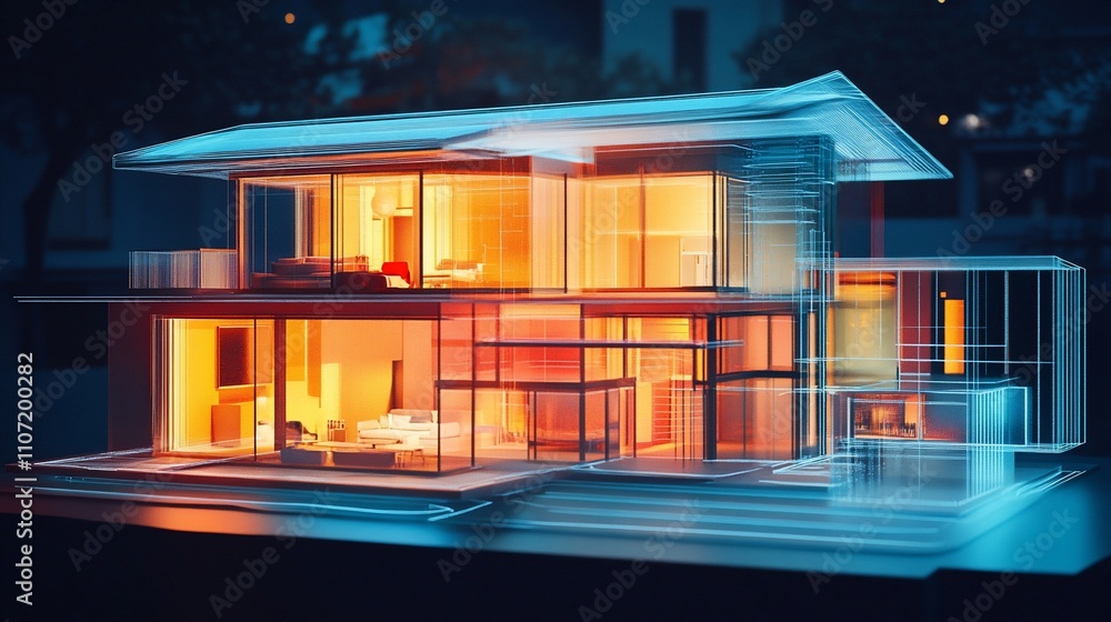Poster a futuristic architectural model showcasing modern design and lighting.