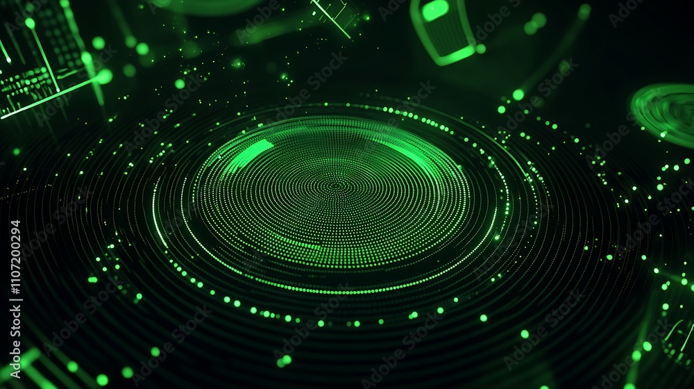 Poster abstract green technology background with circular patterns and digital elements for futuristic desi