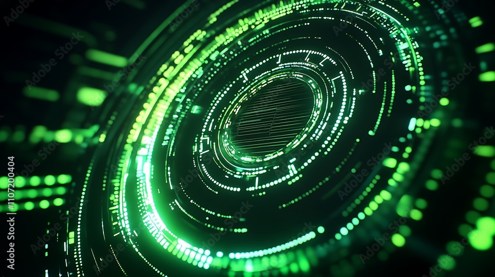 Poster abstract green technology background with circular patterns and illuminated lines for digital concep