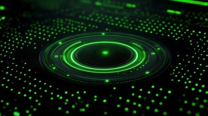 Obraz premium Abstract green technology background with glowing circular shapes and intricate patterns for digital design