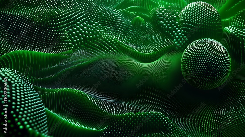 Poster abstract green texture with spheres and waves in a dynamic 3d environment of digital patterns and li