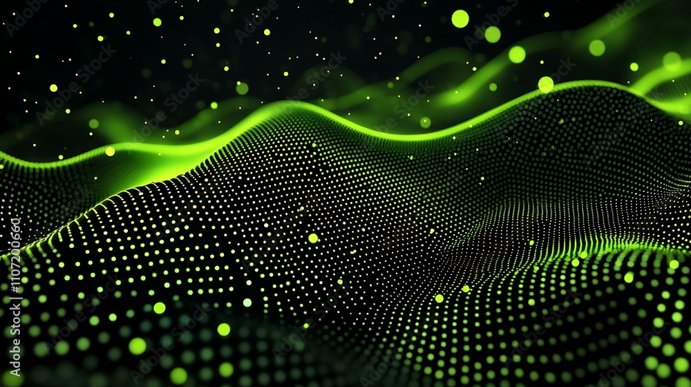 Poster abstract green wave motion with dots and particles in digital space visualization