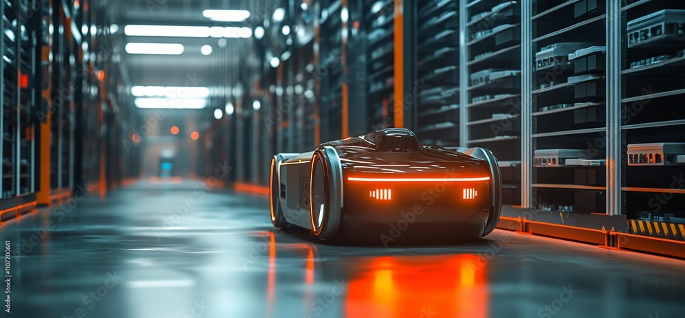Poster A futuristic robot navigating a high-tech storage facility.