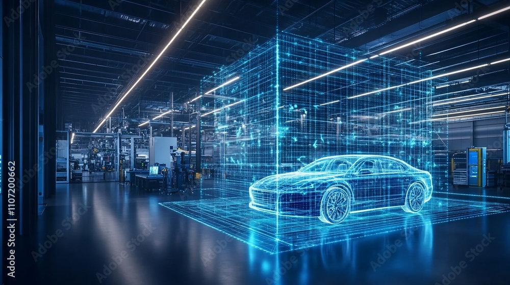 Poster a futuristic car design visualized in a digital factory setting.