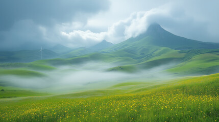 Fototapeta premium Mystical Mountain Meadow: A serene landscape unfolds with rolling hills, misty valleys, and majestic mountains shrouded in ethereal clouds.
