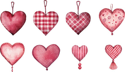 Set of watercolor vintage Valentine's Day hearts Includes tassels and beads in shades of red with a checkered pattern on a white background.