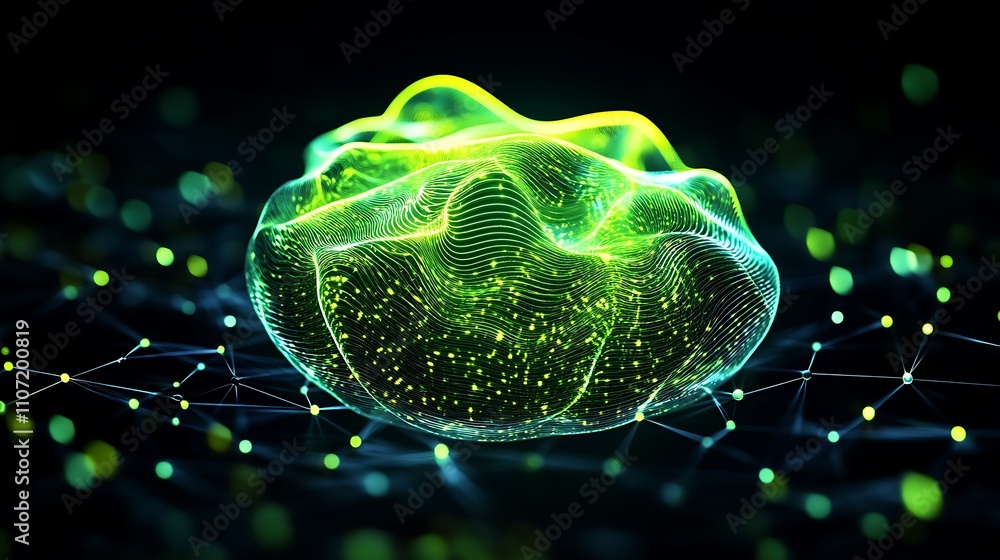 Poster abstract green wave with glow effect on a dark background representing digital data visualization