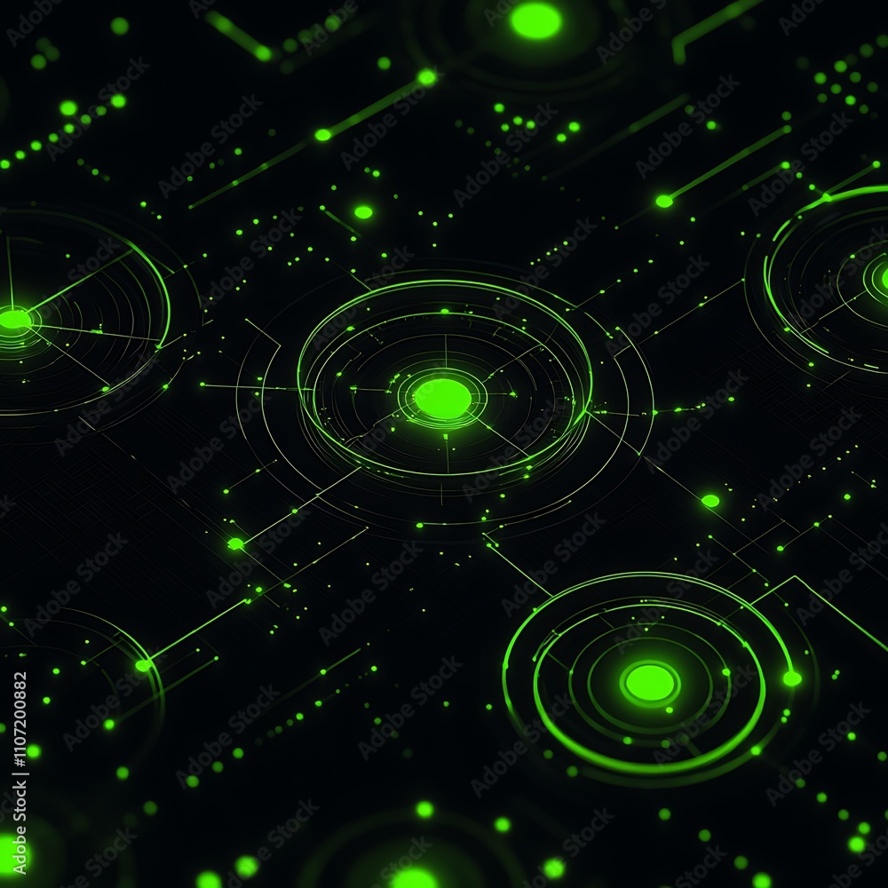 Aufkleber abstract high-tech background with glowing green circles and lines on a dark digital surface