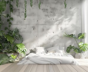 A minimalist bedroom with a white bed and lush greenery against a concrete wall