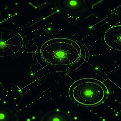 Fototapeta premium Abstract high-tech background with glowing green circles and lines on a dark digital surface