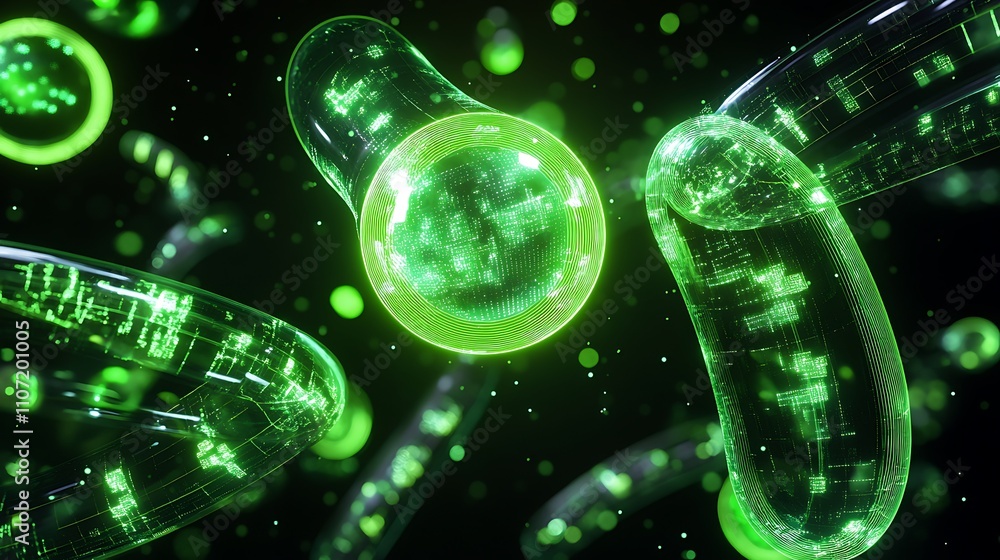 Poster abstract illustration of green microorganisms with digital data visualization in a dark background
