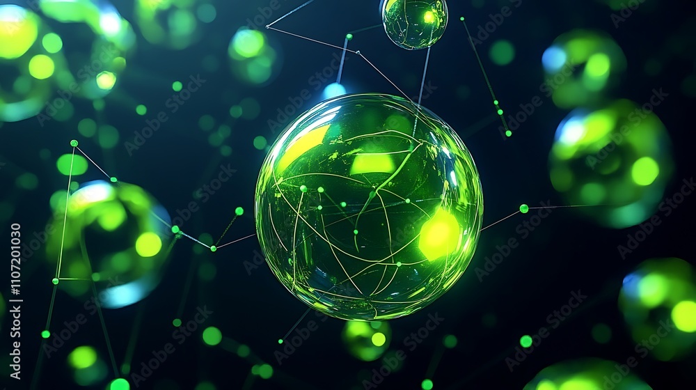 Poster abstract illustration of green spheres with light reflection and connecting lines in a digital envir