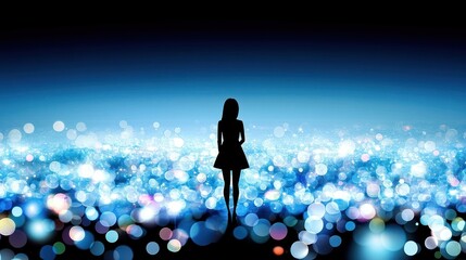 Woman Silhouette Over City Lightscape At Night