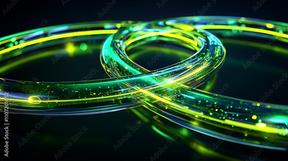 Poster abstract luminous spirals with glowing particles in vibrant green and yellow color scheme on dark ba