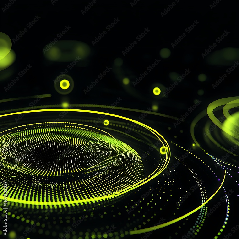 Poster abstract neon green circular patterns with glowing dots and waves in a dark background for modern de