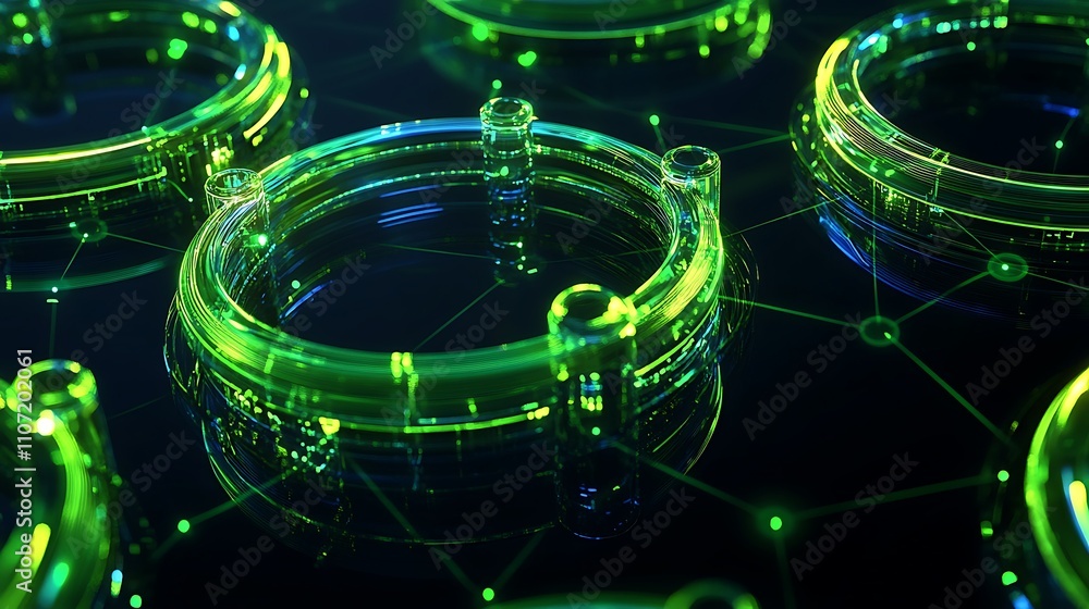 Poster abstract neon green circular structures with technology circuits on dark background for futuristic c