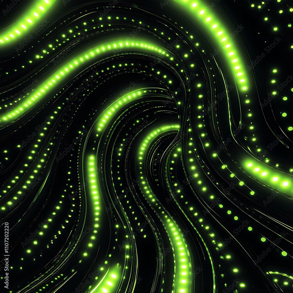 Poster abstract neon green wave pattern with glowing dots and flowing lines against a dark background