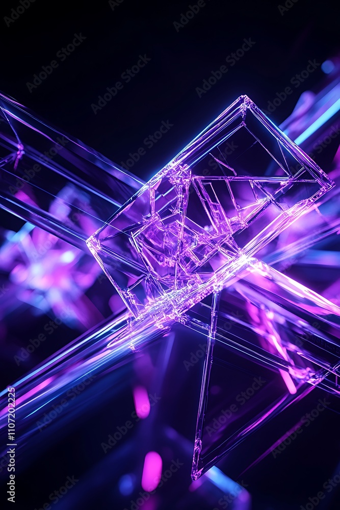 Poster abstract neon light composition with geometric shapes and transparent structures on dark background
