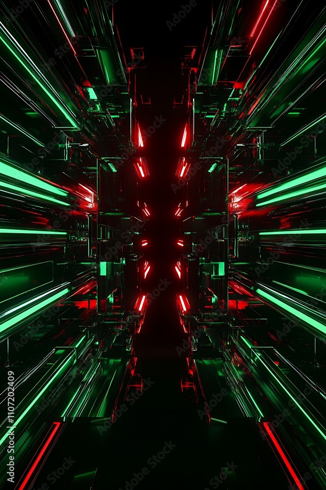 Poster abstract neon light tunnel with reflections in red and green colors on dark background