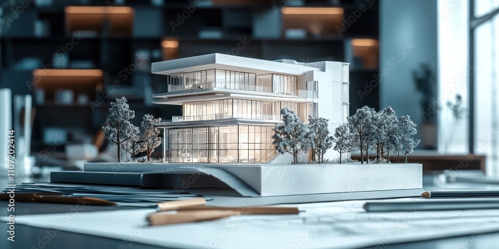 Poster a scale model of a modern building on an architect's desk, surrounded by design tools and blueprints