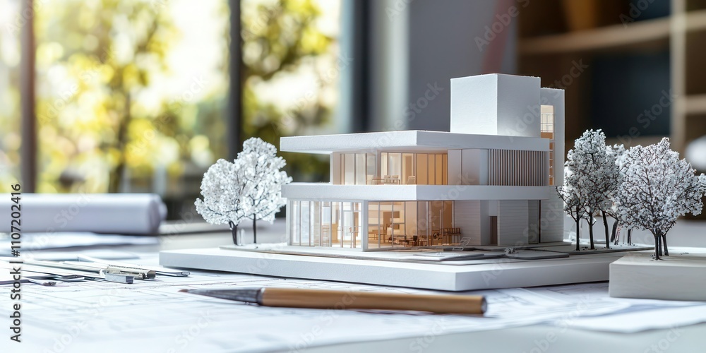 Poster a scale model of a modern building on an architect's desk, surrounded by design tools and blueprints