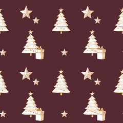 Obraz premium Sophisticated Christmas pattern with golden trees, stars, and gifts on a rich burgundy background. A luxurious and festive design perfect for holiday decor