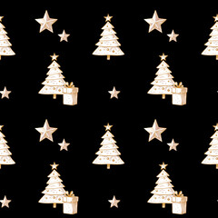 Obraz premium Christmas pattern on a bold black background with golden trees, stars, and gifts. A luxurious, modern design perfect for festive decor or wrapping!