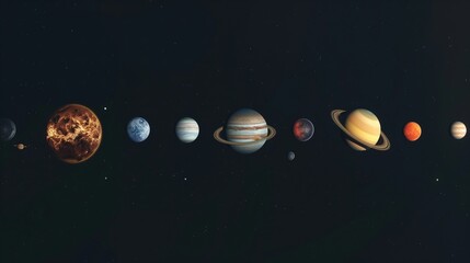 Planetary system with star in dark space image. Fantasy celestial bodies row photography scene wallpaper. Inspiring scientific research of cosmos depth concept photorealistic photo