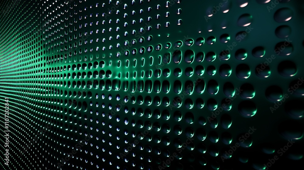 Poster abstract pattern of circular holes with green glow on textured surface for background design