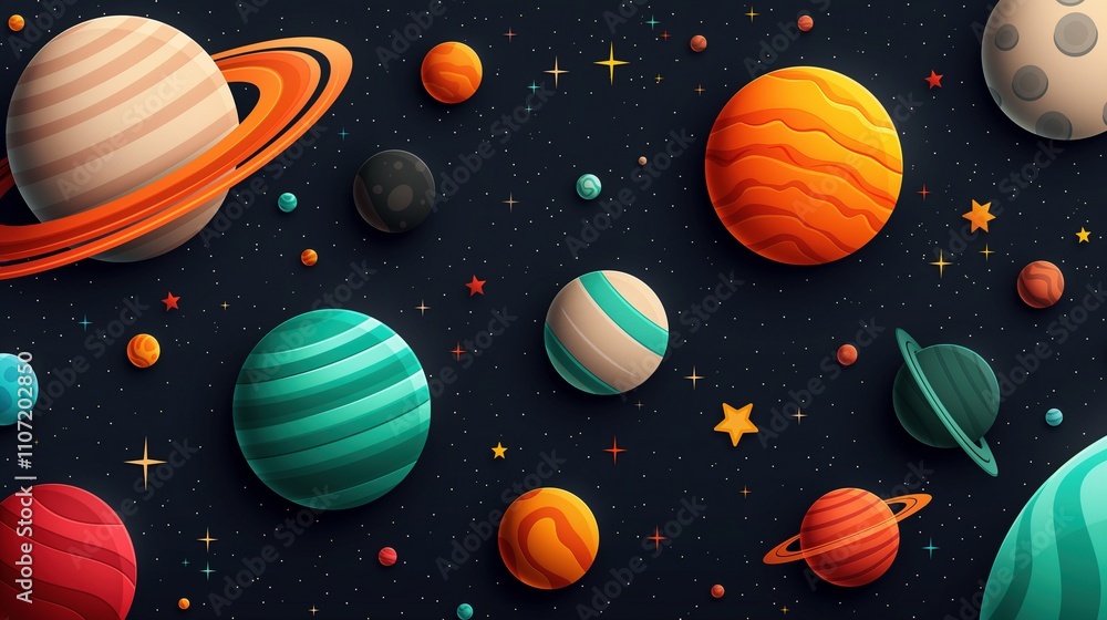 Aufkleber funny planets floating in dark sky background image. various celestial bodies in outer space illustr
